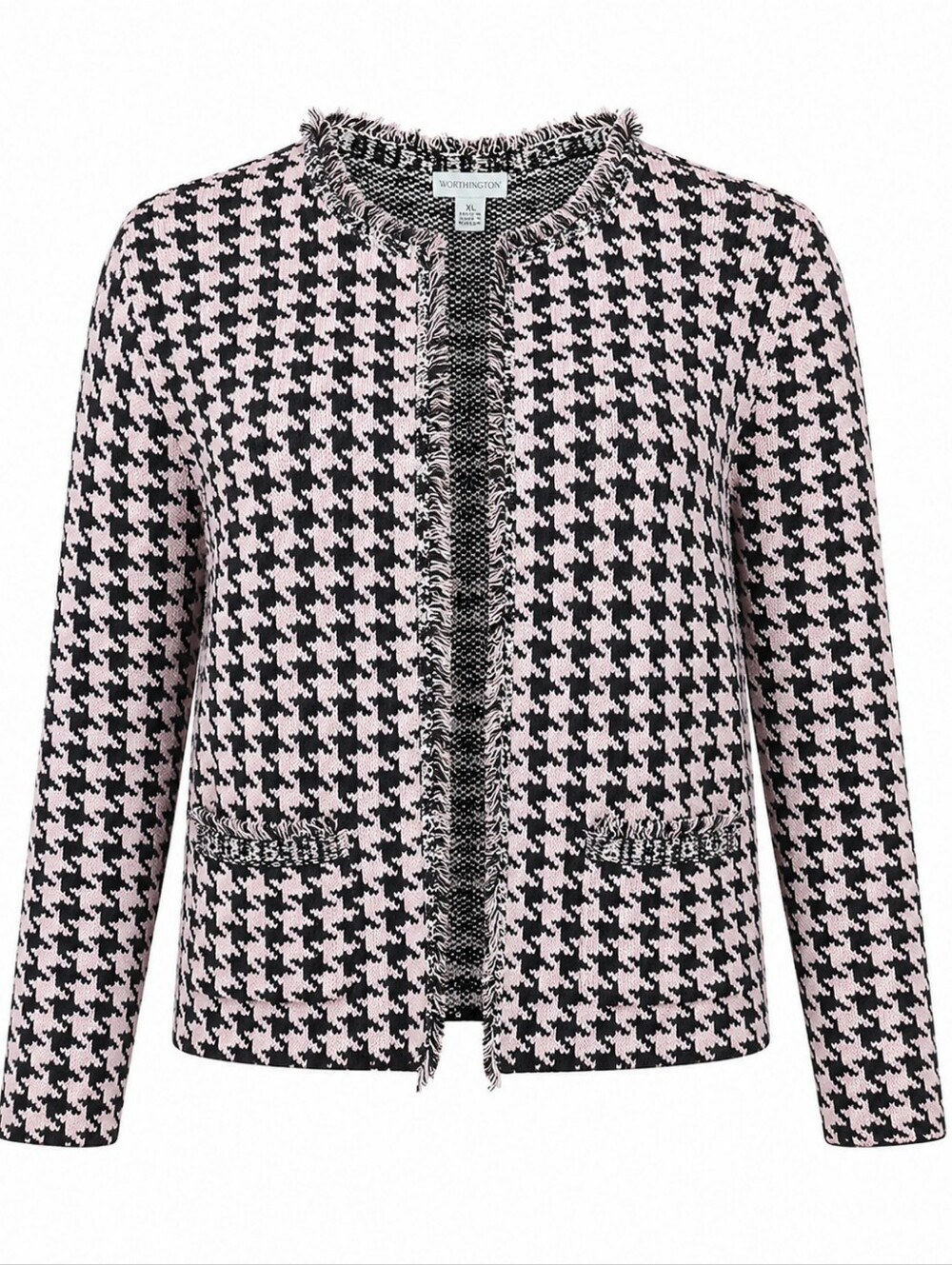 WORTHINGTON | Pink Black Houndstooth Fringe Lady Jacket Sweater Cardigan | XL